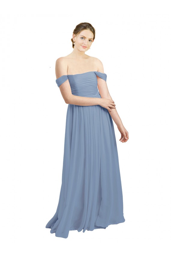 Usine Bleu poussiéreux Trapèze Épaule Dénudée Mousseline Longue Robes demoiselle d'honneur