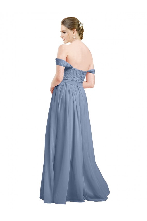 Usine Bleu poussiéreux Trapèze Épaule Dénudée Mousseline Longue Robes demoiselle d'honneur