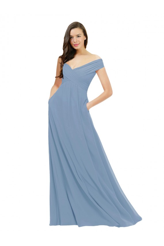 Usine Bleu poussiéreux Trapèze Épaule Dénudée Mousseline Longue Robes demoiselle d'honneur