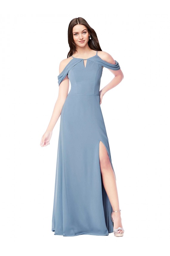 Usine Bleu poussiéreux Trapèze Épaule Dénudée Mousseline Longue Robes demoiselle d'honneur