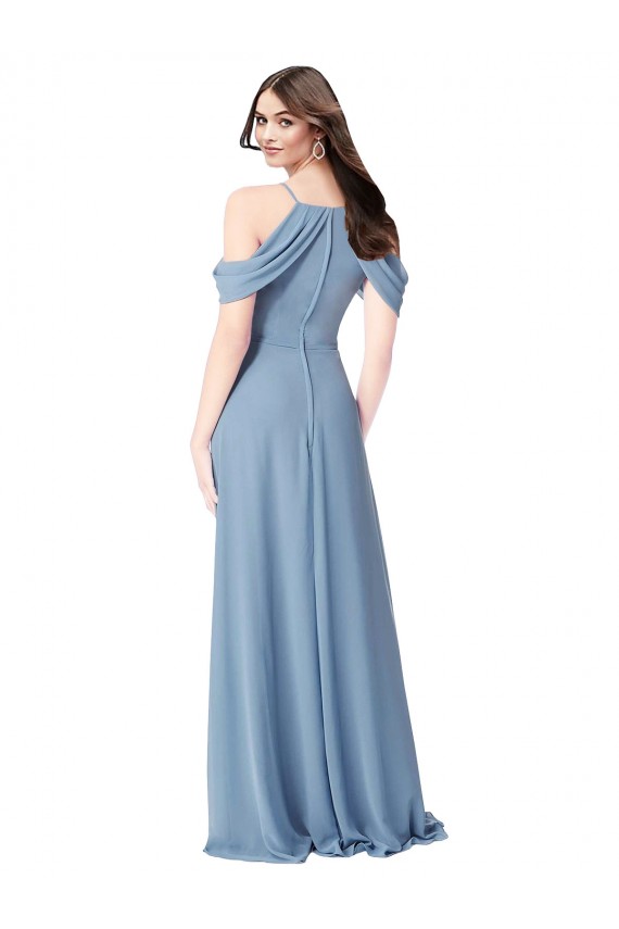 Usine Bleu poussiéreux Trapèze Épaule Dénudée Mousseline Longue Robes demoiselle d'honneur