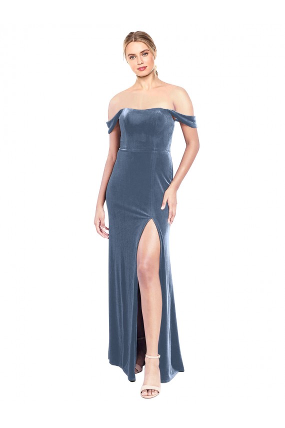Usine Bleu poussiéreux Trapèze Épaule Dénudée Sans bretelle Velours Stretch Longue Robes demoiselle d'honneur / Robes de bal