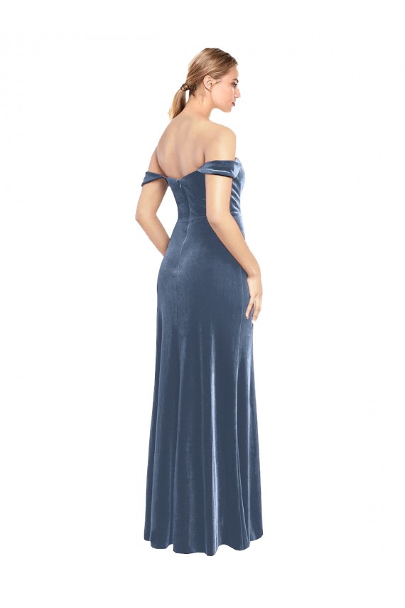 Usine Bleu poussiéreux Trapèze Épaule Dénudée Sans bretelle Velours Stretch Longue Robes demoiselle d'honneur / Robes de bal