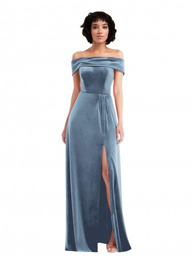 Usine Bleu poussiéreux Trapèze Épaule Dénudée Velours Stretch Longue Robes demoiselle d'honneur / Robes de bal