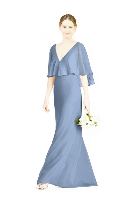 Usine Bleu poussiéreux Trompette Col V Mousseline Longue Robes demoiselle d'honneur