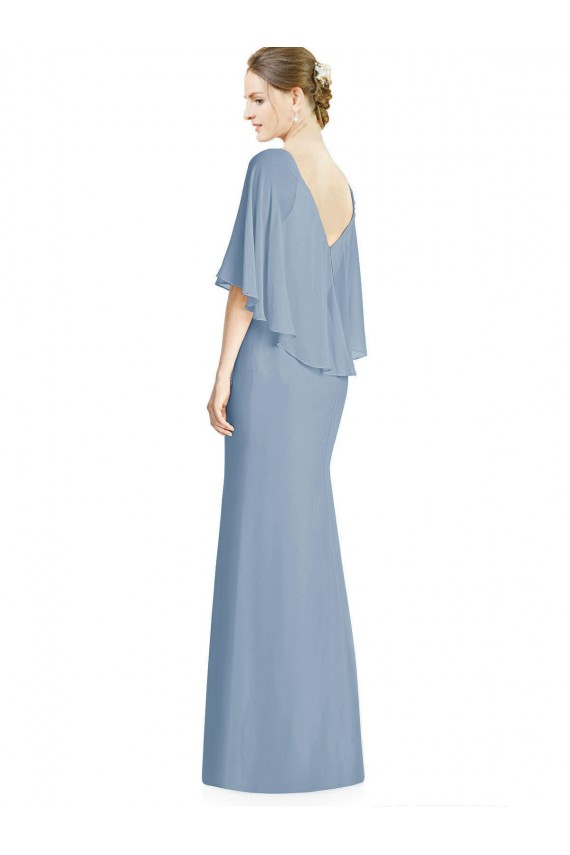 Usine Bleu poussiéreux Trompette Col V Mousseline Longue Robes demoiselle d'honneur