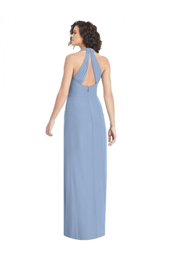 Usine Bleu poussiéreux Trompette Licou Col V Mousseline Longue Formelles Robes demoiselle d'honneur / Robes de soirée