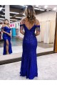 Usine Bleu roi Fourreau Bretelles spaghetti Col V Paillettes Velours Longue Robes de bal