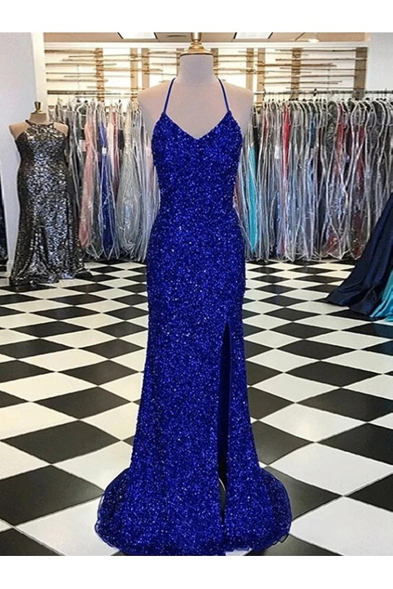 Usine Bleu roi Fourreau Col V Balayage train Paillettes Velours Longue Robes de bal