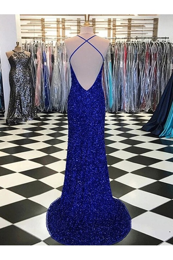 Usine Bleu roi Fourreau Col V Balayage train Paillettes Velours Longue Robes de bal