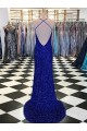 Usine Bleu roi Fourreau Col V Balayage train Paillettes Velours Longue Robes de bal