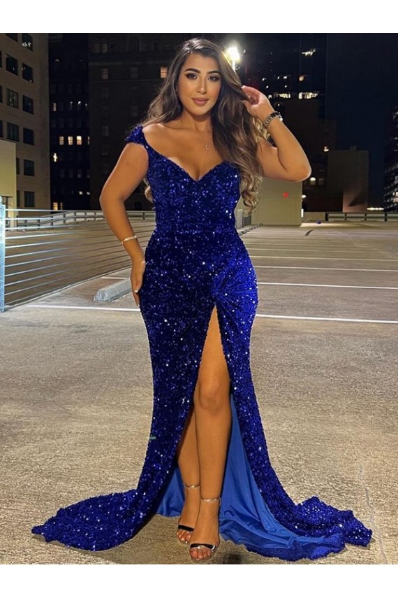 Usine Bleu roi Fourreau Col V Balayage train Paillettes Velours Longue Robes de bal