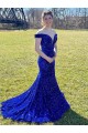 Usine Bleu roi Fourreau Épaule Dénudée Balayage train Paillettes Velours Longue Robes de bal