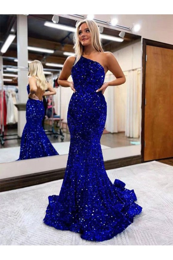 Usine Bleu roi Sirène Balayage train Paillettes Velours Longue Robes de bal