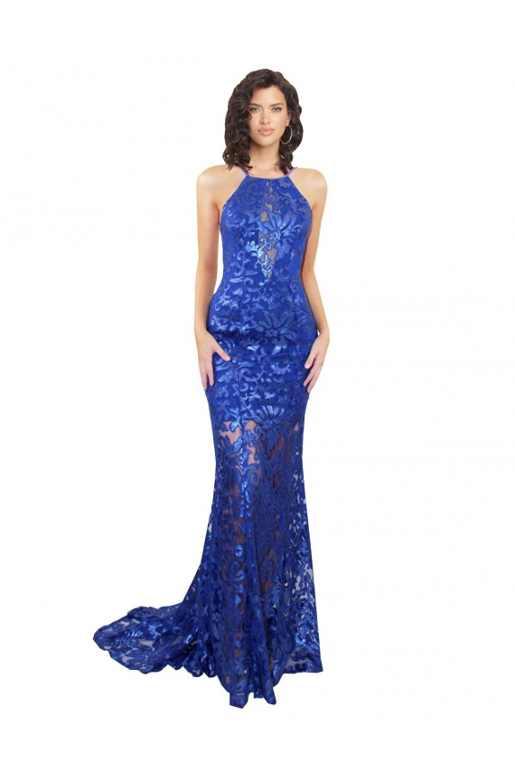 Usine Bleu roi Sirène Col Haut Dentelle Longue Robes demoiselle d'honneur / Robes de bal