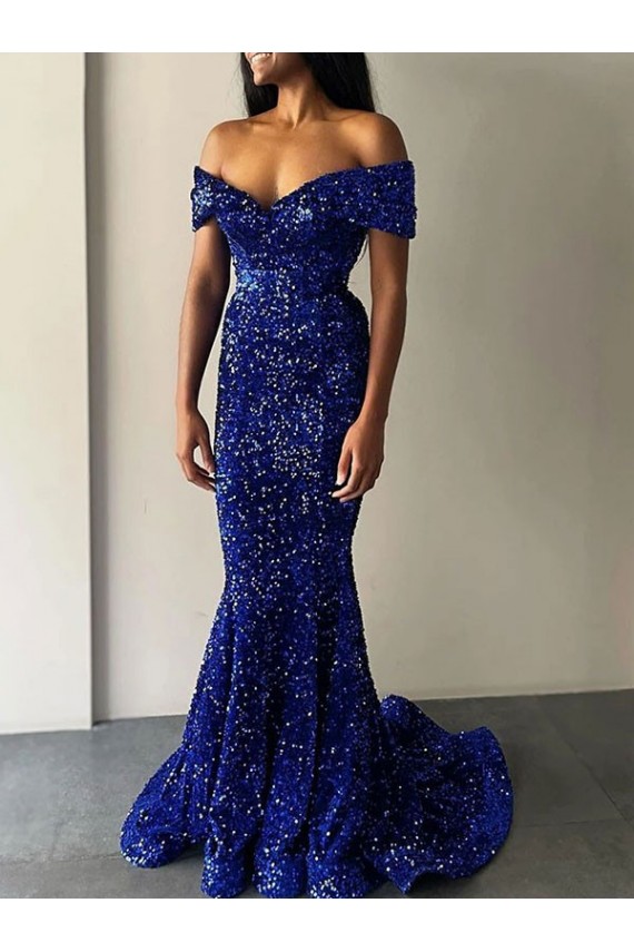 Usine Bleu roi Sirène Épaule Dénudée Balayage train Paillettes Velours Longue Robes de bal