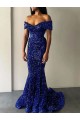 Usine Bleu roi Sirène Épaule Dénudée Balayage train Paillettes Velours Longue Robes de bal