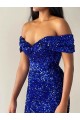 Usine Bleu roi Sirène Épaule Dénudée Balayage train Paillettes Velours Longue Robes de bal
