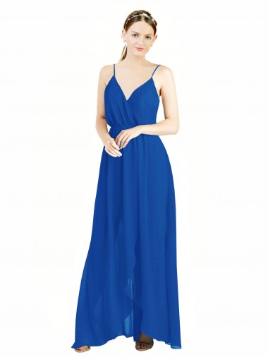 Usine Bleu roi Trapèze Bretelles spaghetti Col V Mousseline Longue Robes demoiselle d'honneur