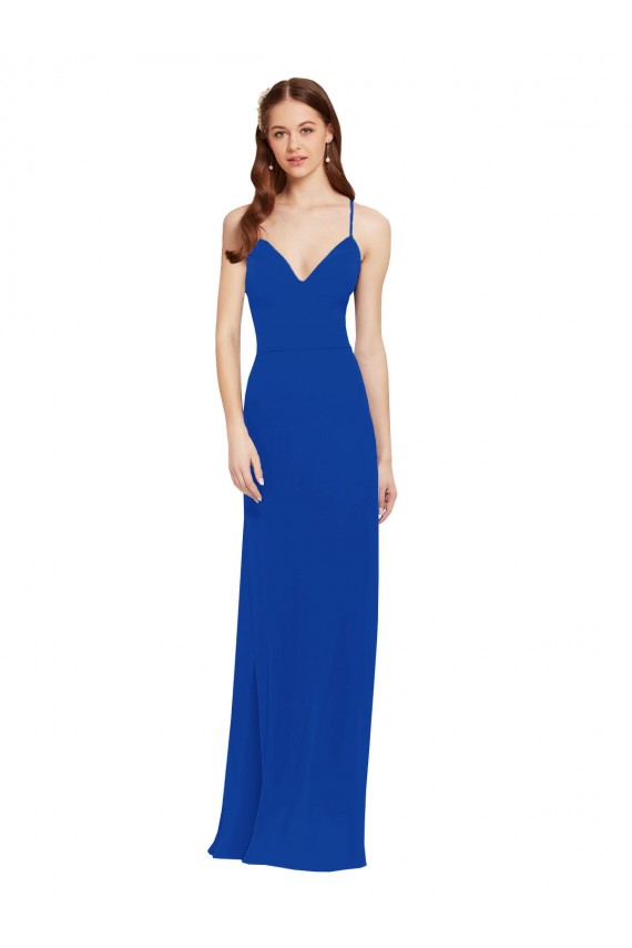 Usine Bleu roi Trapèze Bretelles spaghetti Col V Mousseline Longue Robes demoiselle d'honneur