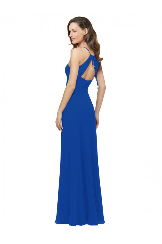 Usine Bleu roi Trapèze Bretelles spaghetti Col V Mousseline Longue Robes demoiselle d'honneur