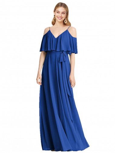 Usine Bleu roi Trapèze Bretelles spaghetti Col V Mousseline Longue Robes demoiselle d'honneur