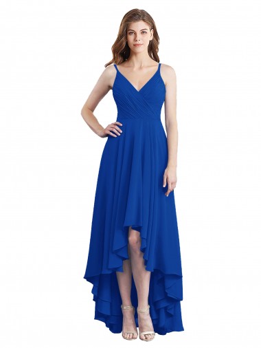Usine Bleu roi Trapèze Bretelles spaghetti Mousseline Longue Asymétrique Robes demoiselle d'honneur