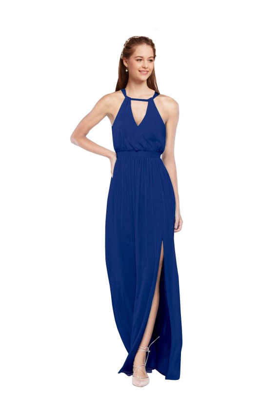 Usine Bleu roi Trapèze Col Haut Mousseline Longue Robes demoiselle d'honneur