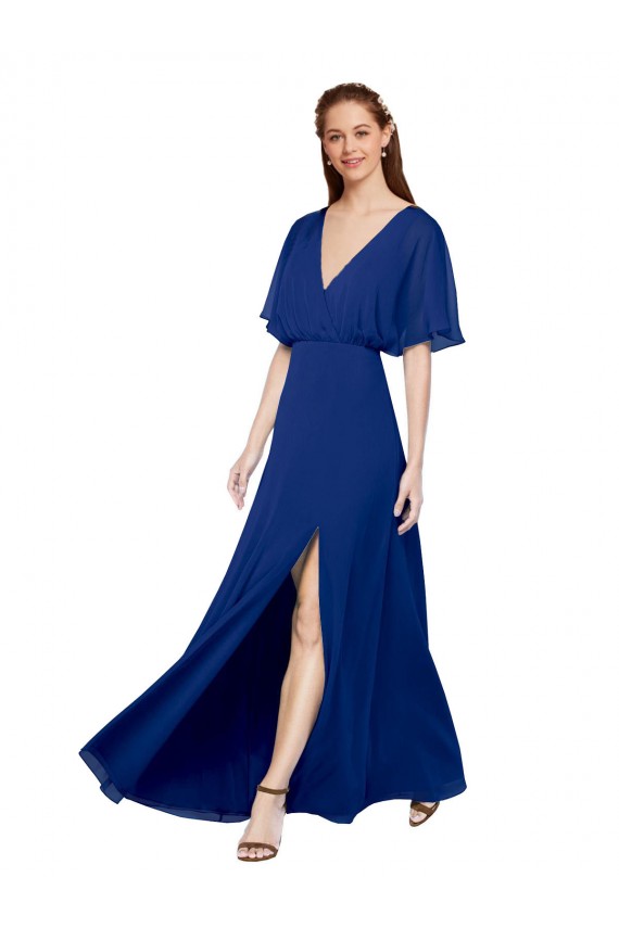 Usine Bleu roi Trapèze Col V Mousseline Longue Robes demoiselle d'honneur