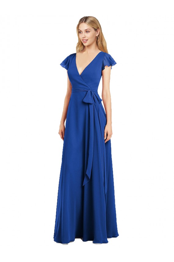 Usine Bleu roi Trapèze Col V Mousseline Longue Robes demoiselle d'honneur