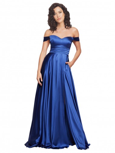 Usine Bleu roi Trapèze Épaule Dénudée Balayage train Satiné Stretch Longue Formelles Robes demoiselle d'honneur / Robes de soirée / Robes de bal