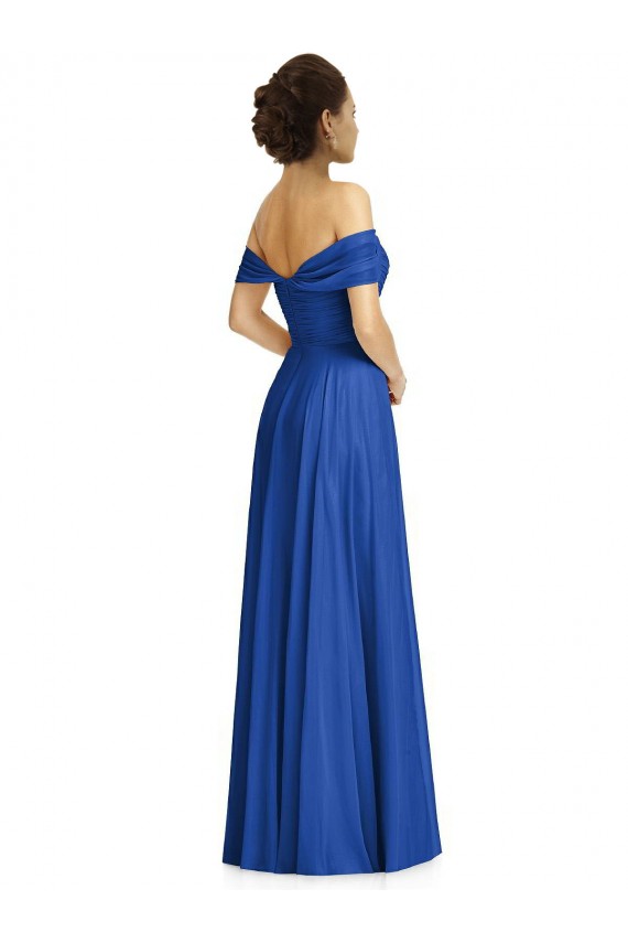 Usine Bleu roi Trapèze Épaule Dénudée Mousseline Longue Robes demoiselle d'honneur