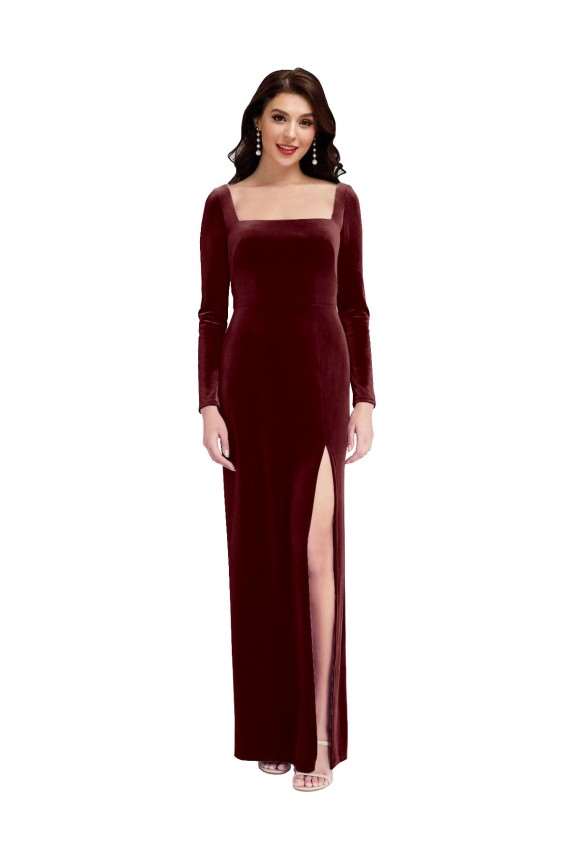 Usine Bordeaux Trapèze Bretelles spaghetti Col Carré Velours Stretch Longue Robes demoiselle d'honneur / Robes de bal