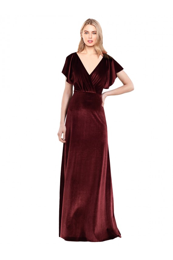 Usine Bordeaux Trapèze Col V Velours Stretch Longue Robes demoiselle d'honneur / Robes de bal
