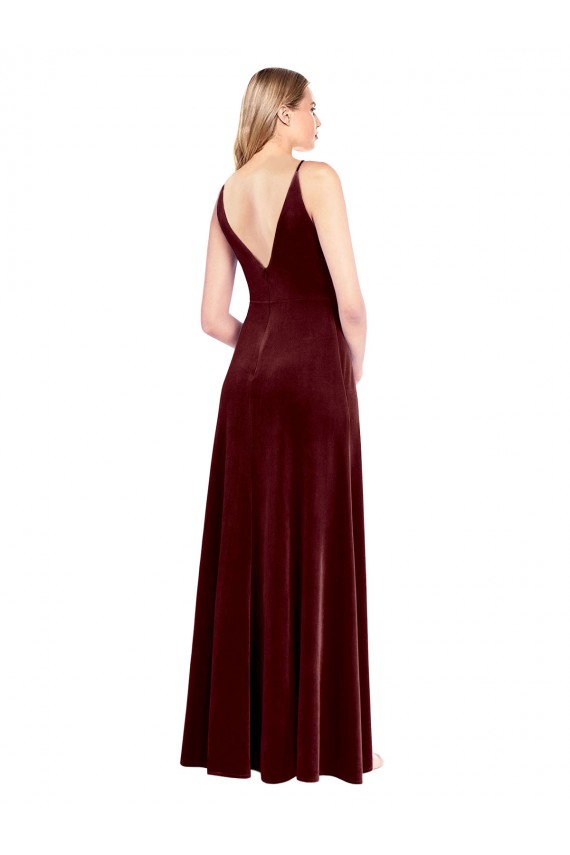 Usine Bordeaux Trapèze Col V Velours Stretch Longue Robes demoiselle d'honneur / Robes de bal
