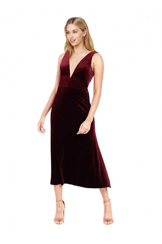 Usine Bordeaux Trapèze Col V midi Velours Stretch Courte Robes demoiselle d'honneur / Robes de bal / Robes de cocktail