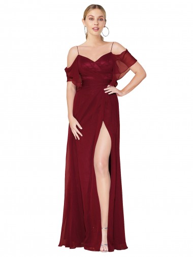 Usine Bordeaux Trompette Épaule Dénudée Mousseline Longue Formelles Robes demoiselle d'honneur / Robes de soirée / Robes de bal