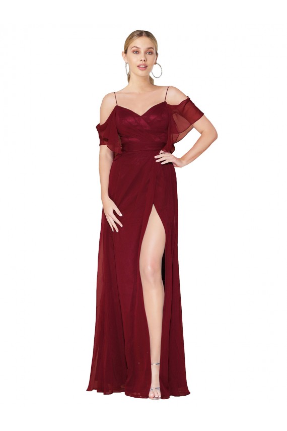 Usine Bordeaux Trompette Épaule Dénudée Mousseline Longue Formelles Robes demoiselle d'honneur / Robes de soirée / Robes de bal