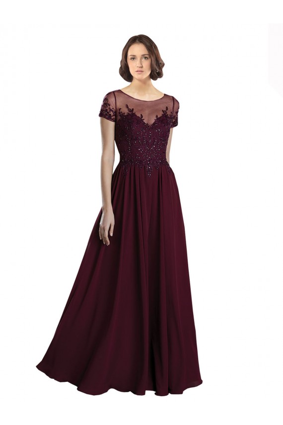 Usine Bordeaux foncé Trapèze Col bijou Tulle Mousseline Longue Robes demoiselle d'honneur