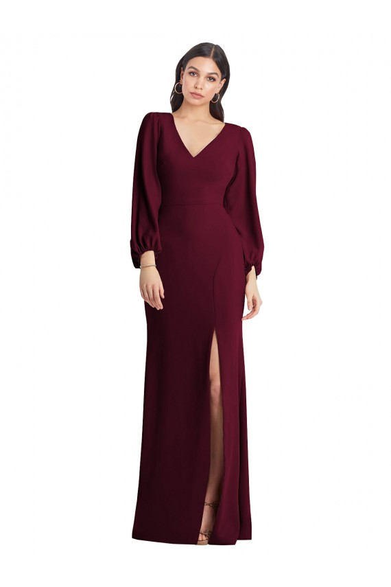 Usine Bordeaux foncé Trompette Col V Crêpe Stretch Longue Robes demoiselle d'honneur / Robes de bal