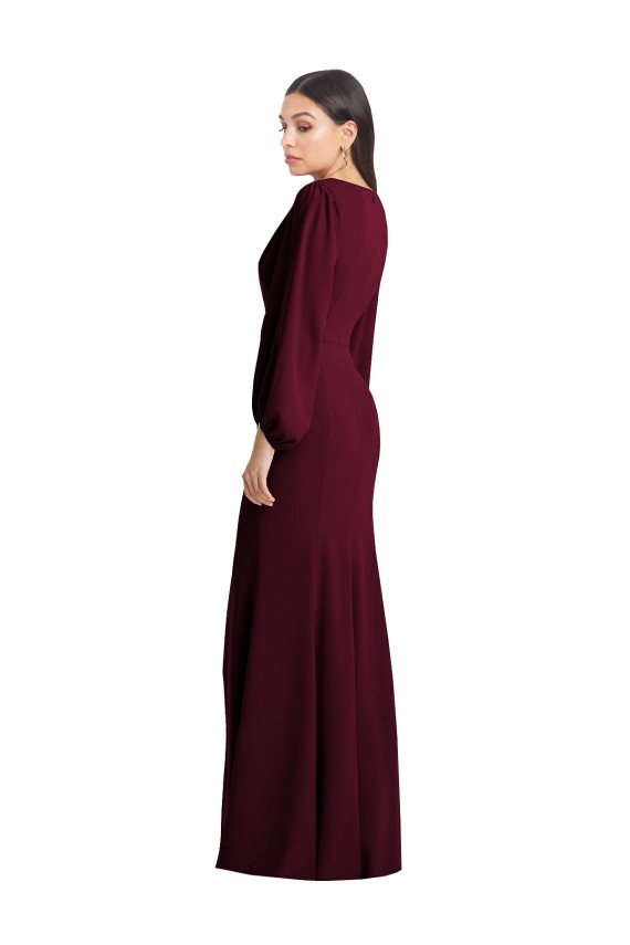 Usine Bordeaux foncé Trompette Col V Crêpe Stretch Longue Robes demoiselle d'honneur / Robes de bal