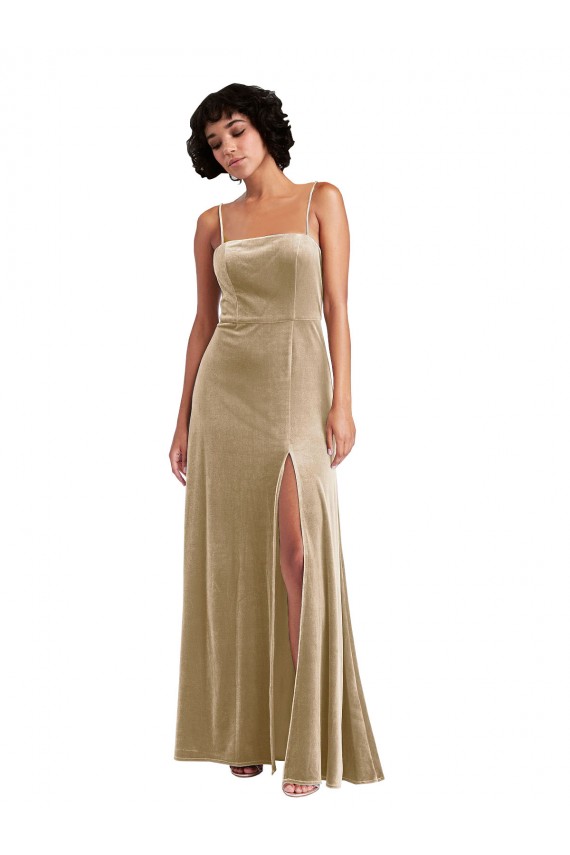 Usine Champagne Trapèze Col Carré Velours Stretch Longue Formelles Robes demoiselle d'honneur / Robes de soirée / Robes de bal