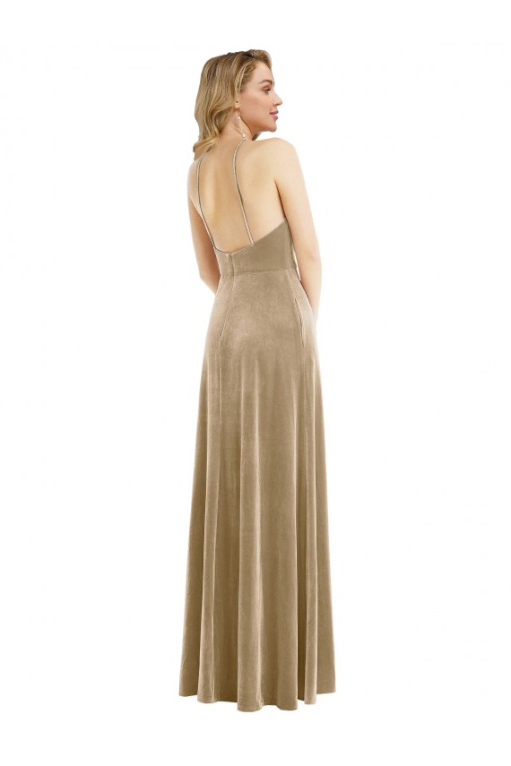 Usine Champagne Trapèze Licou Col Haut Velours Stretch Longue Robes demoiselle d'honneur / Robes de bal