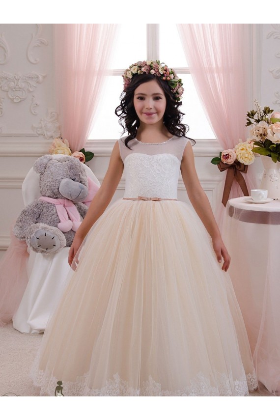 Usine Ivoire & Champagne Princesse Tulle Dentelle Longue Robes de demoiselle d'honneur - fillette