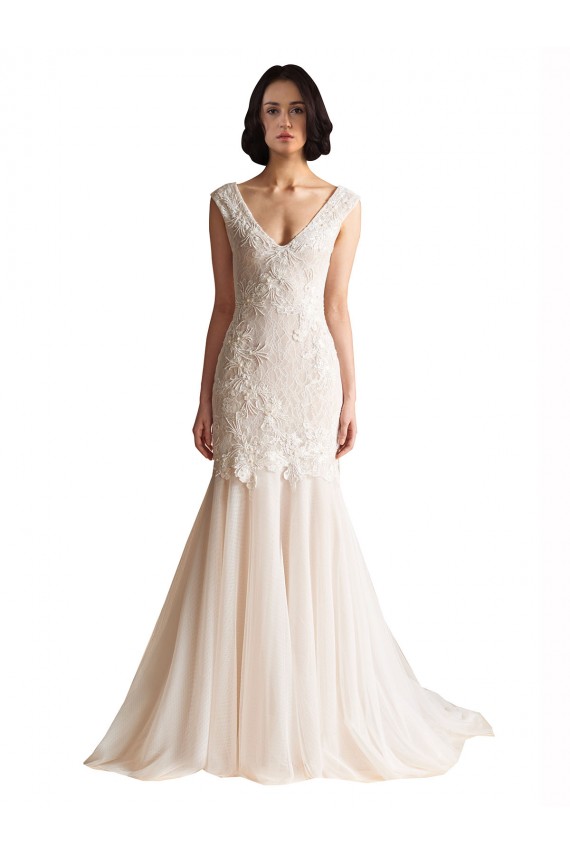 Usine Ivoire & Champagne Sirène Col V Balayage train Tulle Robes de mariée