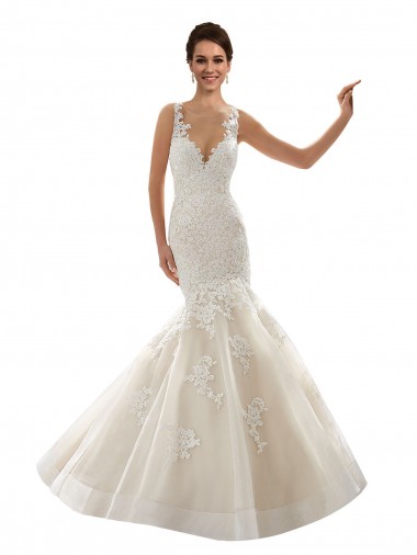 Usine Ivoire & Champagne Sirène Col V Tulle Dentelle Classique Robes de mariée