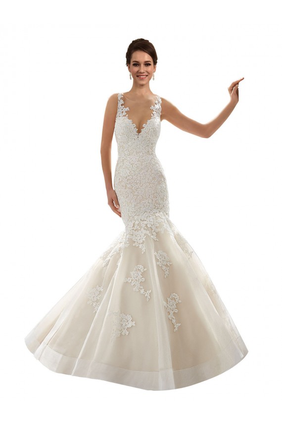 Usine Ivoire & Champagne Sirène Col V Tulle Dentelle Classique Robes de mariée