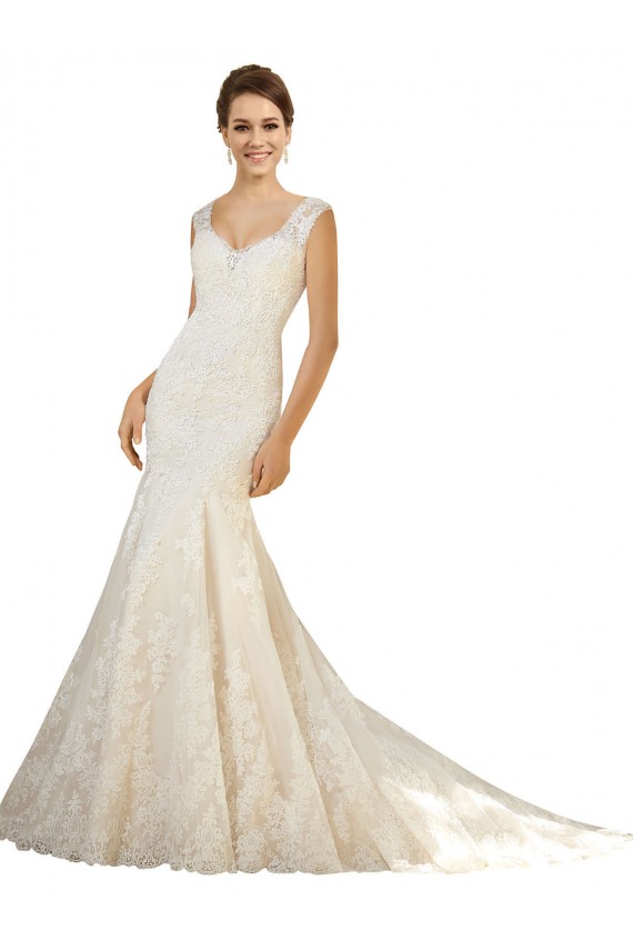 Usine Ivoire & Champagne Sirène Col V Tulle Dentelle Robes de mariée
