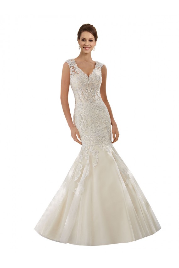 Usine Ivoire & Champagne Sirène Col V Tulle Dentelle Robes de mariée