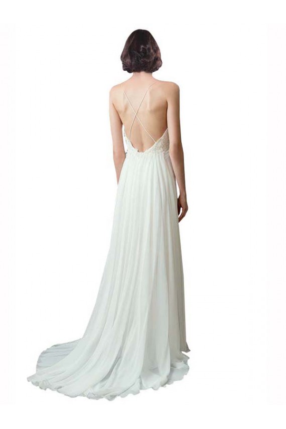 Usine Ivoire Trapèze Bretelles spaghetti Col V Mousseline Dentelle Plage Robes de mariée